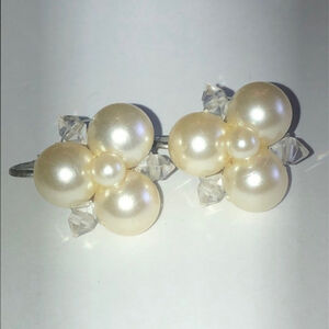 Vintage Silver Tone & Faux Pearl Beaded Cluster Clip On Earrings